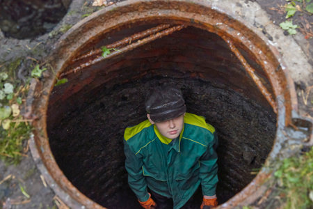 man in the drain pit. Underground utilities.