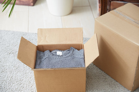 A box of things on the carpet in the room. The concept of moving or delivering.の写真素材