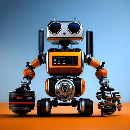 A small robot with a human face and body is a humanoid. AI generation. The orange robot is assembled from various unnecessary parts.の素材