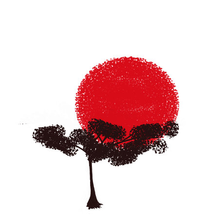 A red circle in the grunge style on a white background depicting the sun and cherry blossoms. The Japanese flag is a symbol of the rising sun.の写真素材