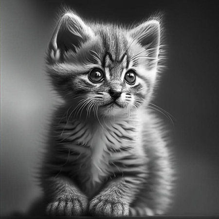 Portrait of domestic kitten close-up 1-2 months old. Black and white image generated by AI. Cute young cat on grey background.の素材