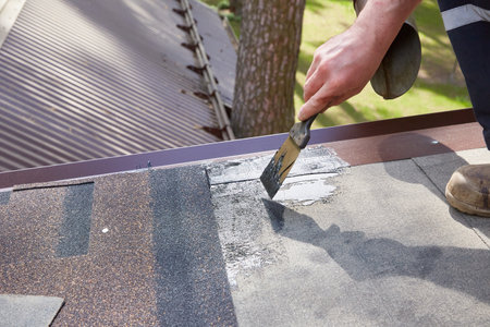 Repair and construction. The hands of the worker apply mastic on the roof of the house.の写真素材