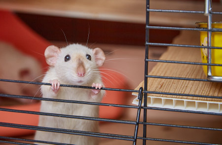 A cage with a cute Siamese rat looking outの写真素材