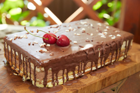 Delicious chocolate cake decorated with cherries.の写真素材