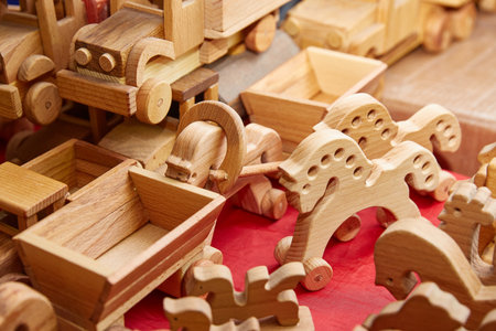 close-up wooden toys stand in the store on the tableの写真素材