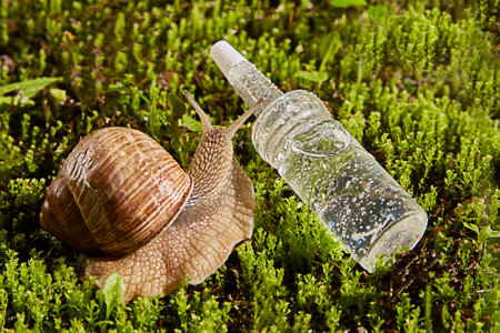 Brown burgundy snail on a cosmetic white cream container in a jar on a natural background of green mossの写真素材