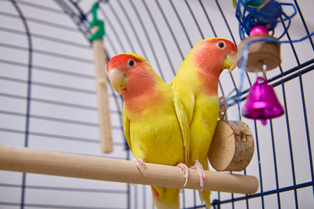 A pair of Agapornis roseicollis, also known as the yellow lovebird, lutino lovebird and pink-faced lovebird in a cage.の写真素材