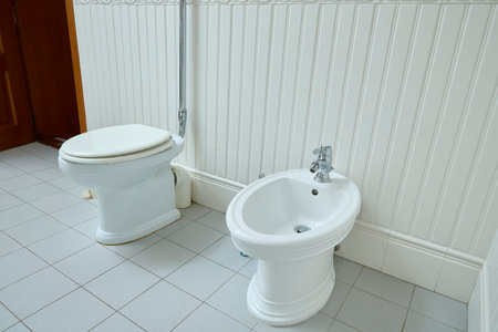 White toilet and bidet side by side in a tiled bathroom. Classic bathroom fixtures against a white paneled wall, showcasing simple and traditional restroom design.の写真素材