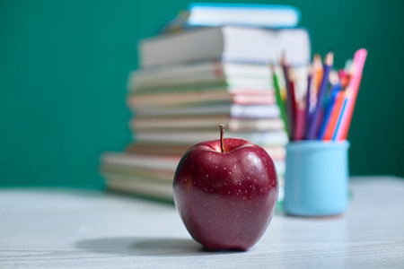Red apple placed on a desk with a stack of books and colorful pencils in the background, representing education, school, and teacher appreciation elements.の写真素材