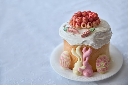 Resembling joy, this beautiful Easter Paska cake topped with plump raspberries embodies celebration,...