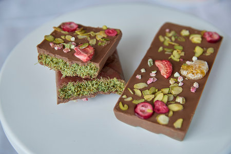 Dubai chocolate. Rich chocolate artistry, a stacked delight of sweet indulgence, adorned with bright...