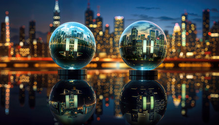 A futuristic metropolis fueled by hydrogen, with neon lights and holographic ads.の素材