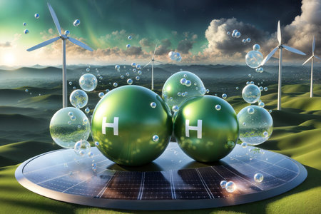 A futuristic vision of hydrogen's role in space exploration, with a glowing green sphere and a spaceship floating in the background.の素材