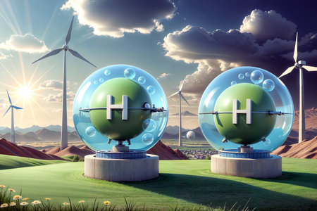 A detailed and beautiful illustration of hydrogen's atomic structure, with a glowing green nucleus and orbiting electrons.の素材