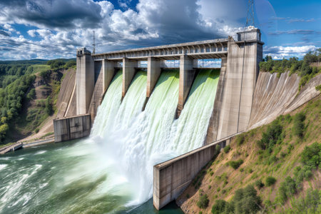 A photorealistic portrayal of a hydroelectric facility in perfect harmony with its sunlit, natural surroundings, encompassing lush greenery and a gentle river flow.の素材