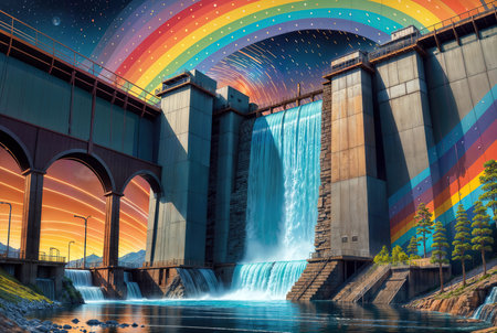In this colorful illustration, the hydroelectric power station is showcased in all its glory against a sunlit landscape. The vibrant colors enhance the natural beauty of the scene, featuring lush greenery, a tranquil river, and the graceful movement of falling water streams on a sunny day.の素材