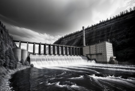 A stunningly detailed black and white illustration depicts a hydroelectric power station nestled within a beautiful, sunlit landscape. A lush green area surrounds the facility, and a tranquil river flows alongside, contributing to the serene scenery. This idyllic depiction captures the essence of a sunny day, where the glistening water flows gracefully, all harmonizing with the presence of the eco-friendly power station.の素材