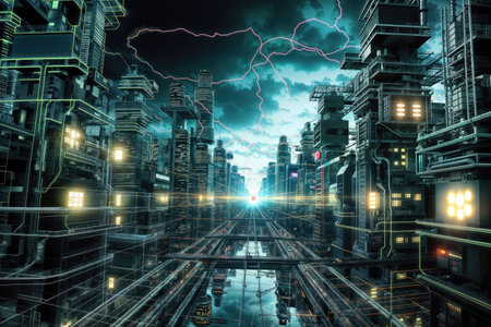 A colorful wallpaper with radiant energy currents above the city.の素材