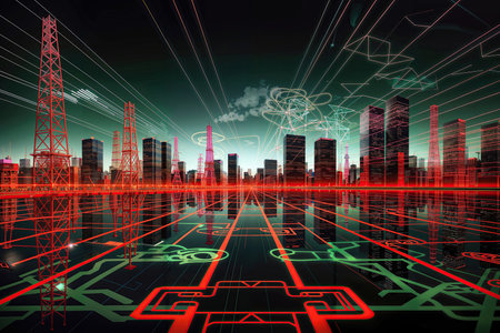 Digital cityscape with electricity flowsの素材