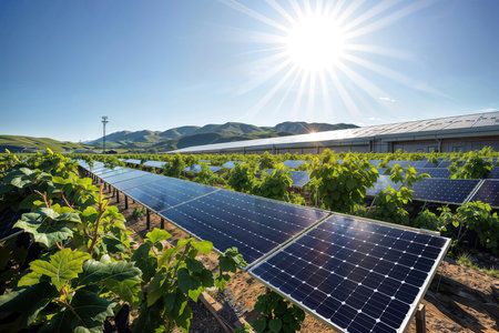Amidst vibrant grapevines, solar panels harness the sun's energy, exemplifying agrovoltaics and the potential of renewable energy in agriculture.の素材