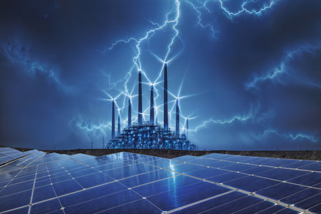 The illustration unveils the harmony between solar panels and renewable power.の素材