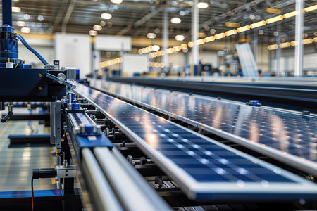 This image showcases the interplay of technology and precision in a robotic solar panel assembly, guided by a modern conveyor system that underlines the importance of innovation in production.の素材