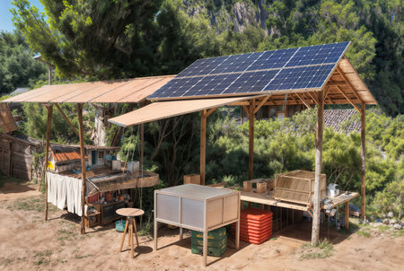 Table and chair in sun room with solar panels in Africa, environmental awareness, villagecore, floating structures, mbole art, orderly arrangements, generative aiの素材