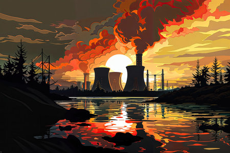 The juxtaposition of the industrial facility and the city lights creates a visually striking and energetic scene.の素材