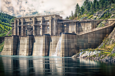 A beautiful, photorealistic illustration of a hydroelectric power station, nestled among trees and a river.の素材