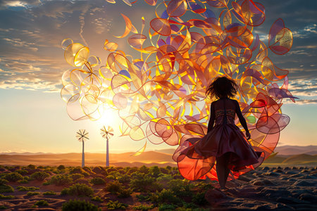 Beautiful woman in the desert at sunset. 3d rendering.の素材