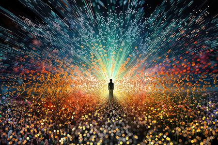 Conceptual image of businessman standing on abstract background with binary codeの素材