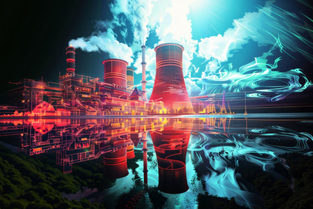An intricate portrayal of a nuclear power plant, celebrating its precision and design.の素材