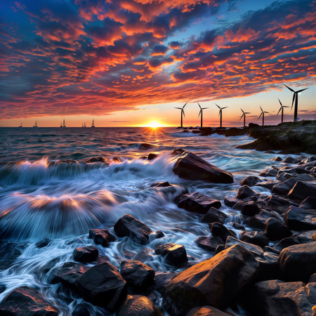 Beautiful sunset over the sea and wind turbines. Nature composition.の素材