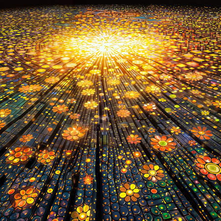 abstract mosaic background with rays of light and flowers in the centerの素材