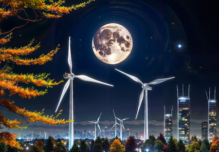 autumn cityscape with wind turbines and full moon in the skyの素材