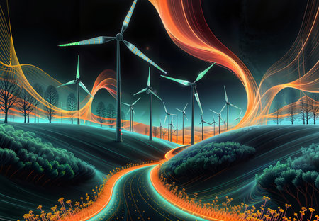 Wind turbines on the road. Renewable energy concept. 3D renderingの素材