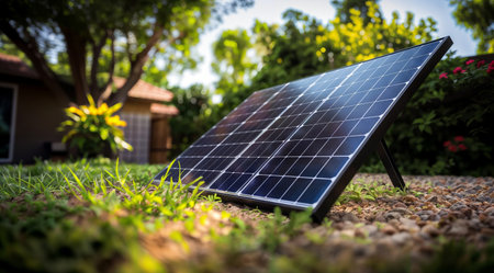Solar panel in the garden. Selective focus. nature background.の素材