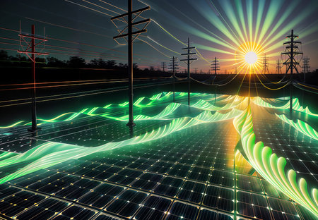 Solar energy panels on the background of the sun and high voltage power linesの素材