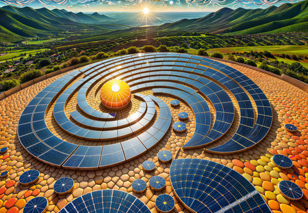 Solar panels on the background of the mountain landscape. 3d renderingの素材
