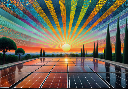 solar energy panels with sunburst on the background of the landscapeの素材