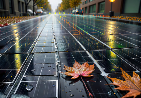 Solar panels with autumn leaves in the city. 3d rendering.の素材