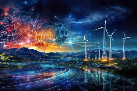 Futuristic landscape with turbine winds at night. 3D renderingの素材