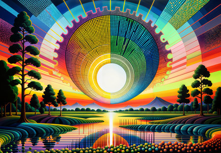 Landscape with big wheel on the background of the sun and treesの素材