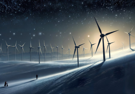 Wind turbines in snowy landscape. Alternative energy source. 3D renderingの素材