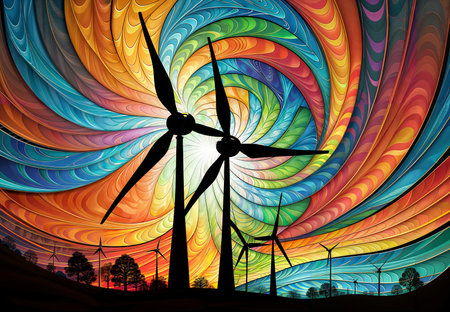Wind turbines on abstract colorful background. Renewable energy concept. 3D illustrationの素材
