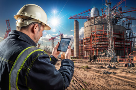 Engineer using tablet on construction site background. Engineering and architecture concept.の素材