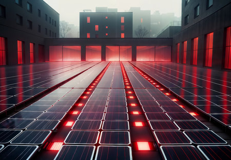 solar energy panels in the city at night, 3d renderの素材