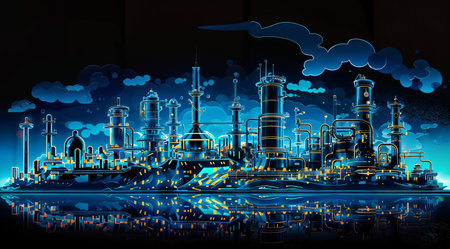 Industrial power plant on dark background. Energy generation and heavy industry conceptの素材