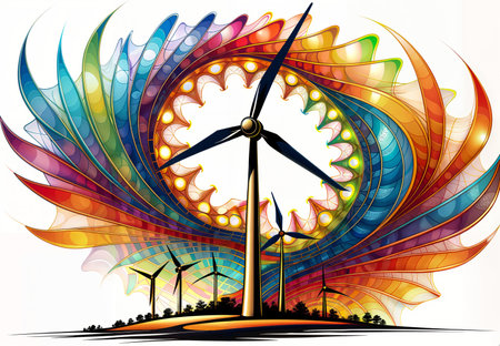 Wind turbines on abstract colorful background. Vector illustration for your design.の素材