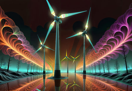 An image of wind turbines in a futuristic landscape. Renewable energy.の素材